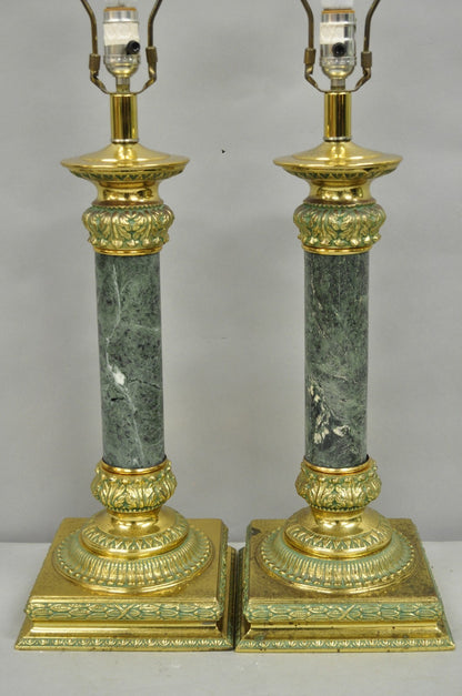 Vintage Hollywood Regency Brass Empire Green Column Gold Table Lamps - a Pair