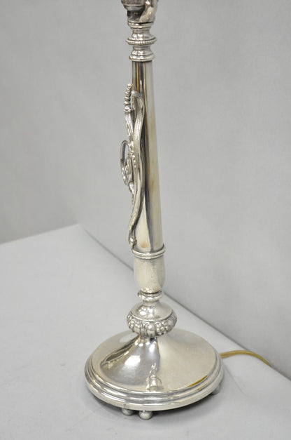 Antique French Art Nouveau Silver Plated Scrollwork Column Small Table Lamp