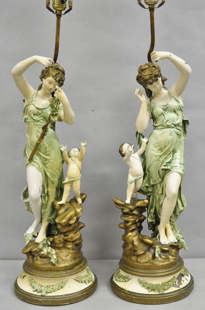 Antique French L&F Moreau Painted Metal Figural Mother & Child Table Lamps Pair