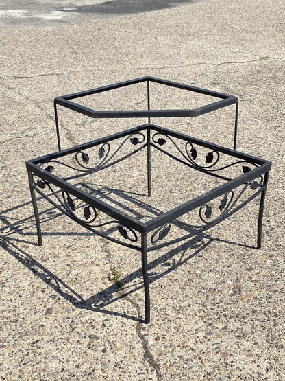 Vintage Woodard Scrolling Leaf Wrought Iron Patio Corner 2 Tier Coffee Table