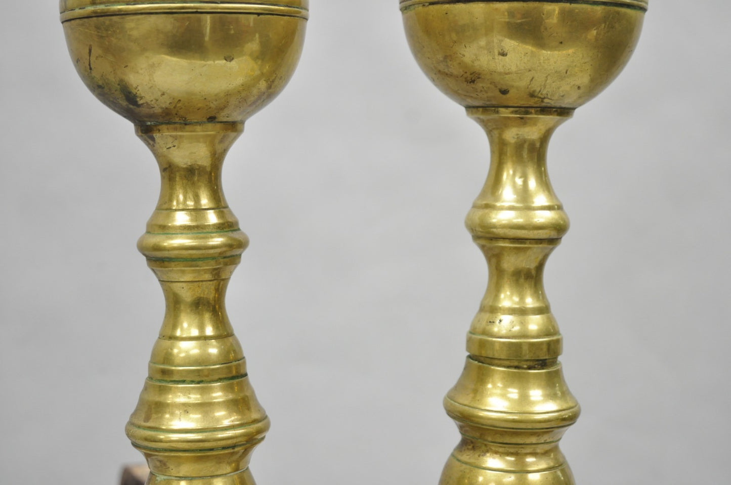 Antique English Colonial Brass Cannonball Branch Leg Andirons w/ Patina - a Pair