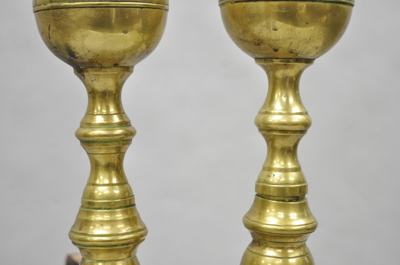 Antique English Colonial Brass Cannonball Branch Leg Andirons w/ Patina - a Pair