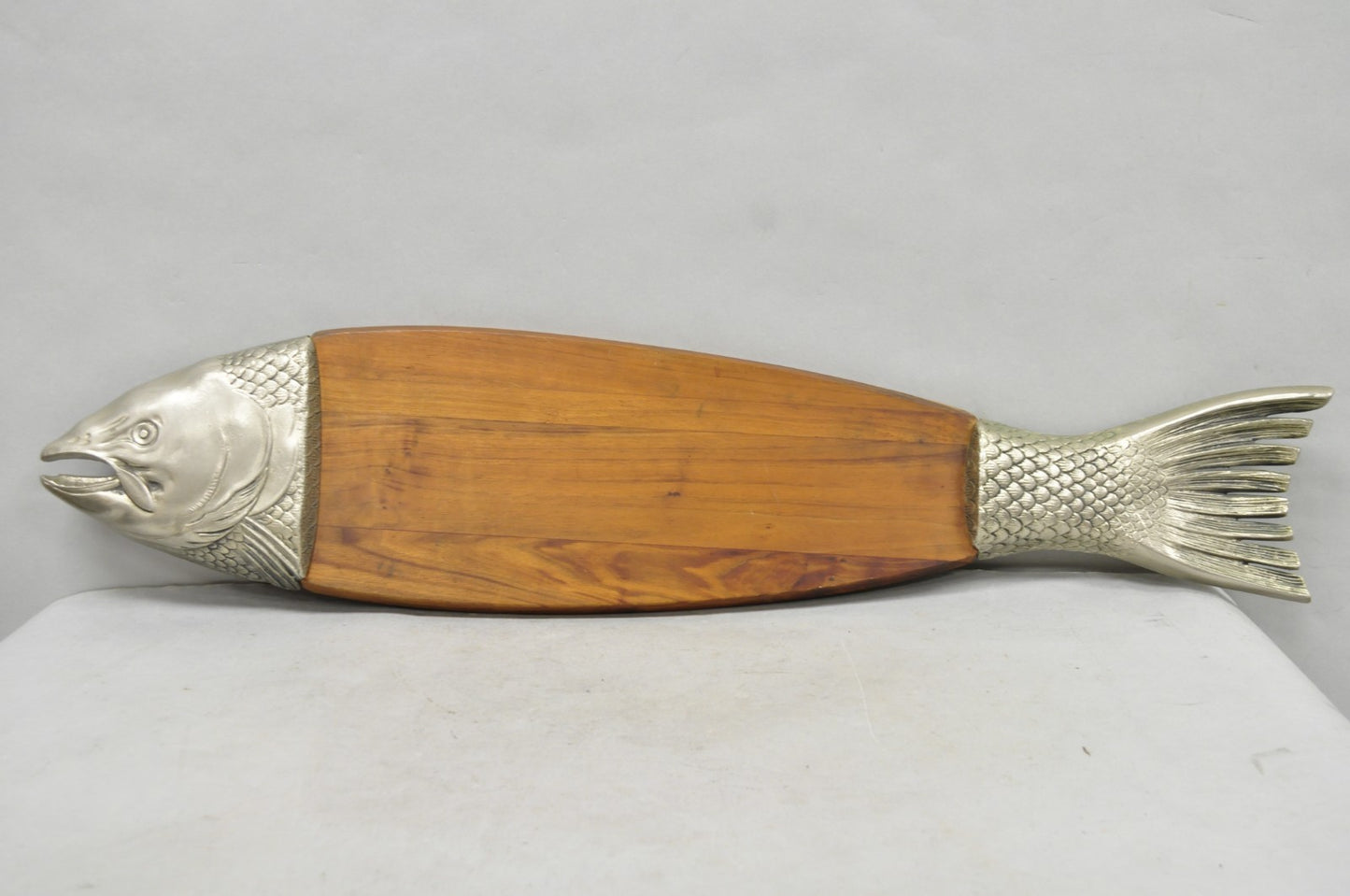 Vintage Mid Century Modern Teak Wood & Metal Fish Serving Platter Cutting Board