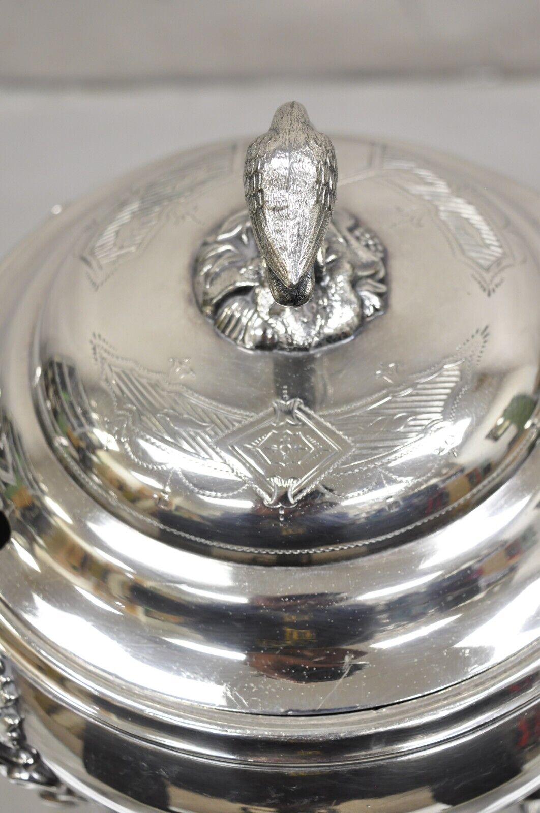 Antique Art Nouveau Silver Plated Soup Tureen With Crane Bird Handle
