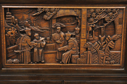 Vintage J L George Zee Chinese Figural Carved Teak Wood Flip Top Dry Bar Cabinet