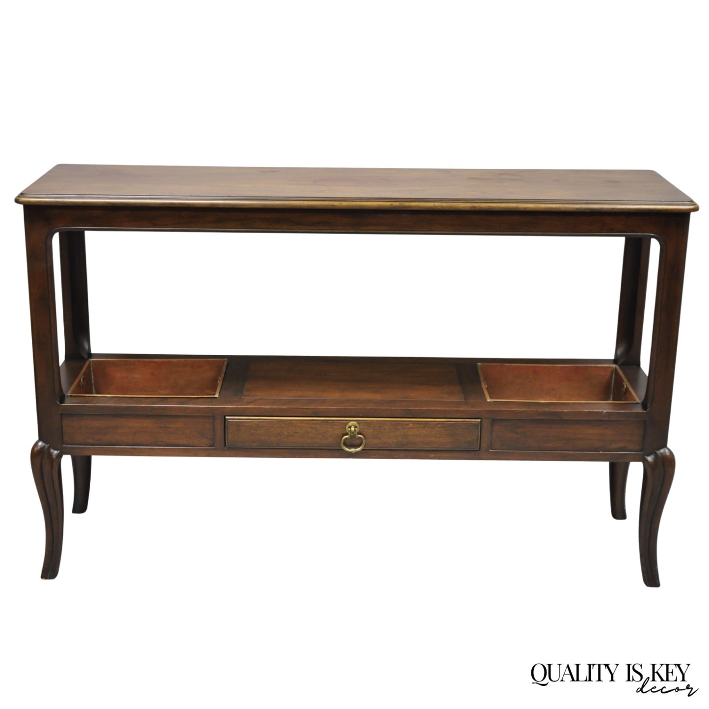 Vintage Baker Dark Cherry Wood Narrow French Console Hall Table w Copper Inserts