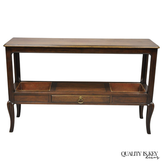 Vintage Baker Dark Cherry Wood Narrow French Console Hall Table w Copper Inserts
