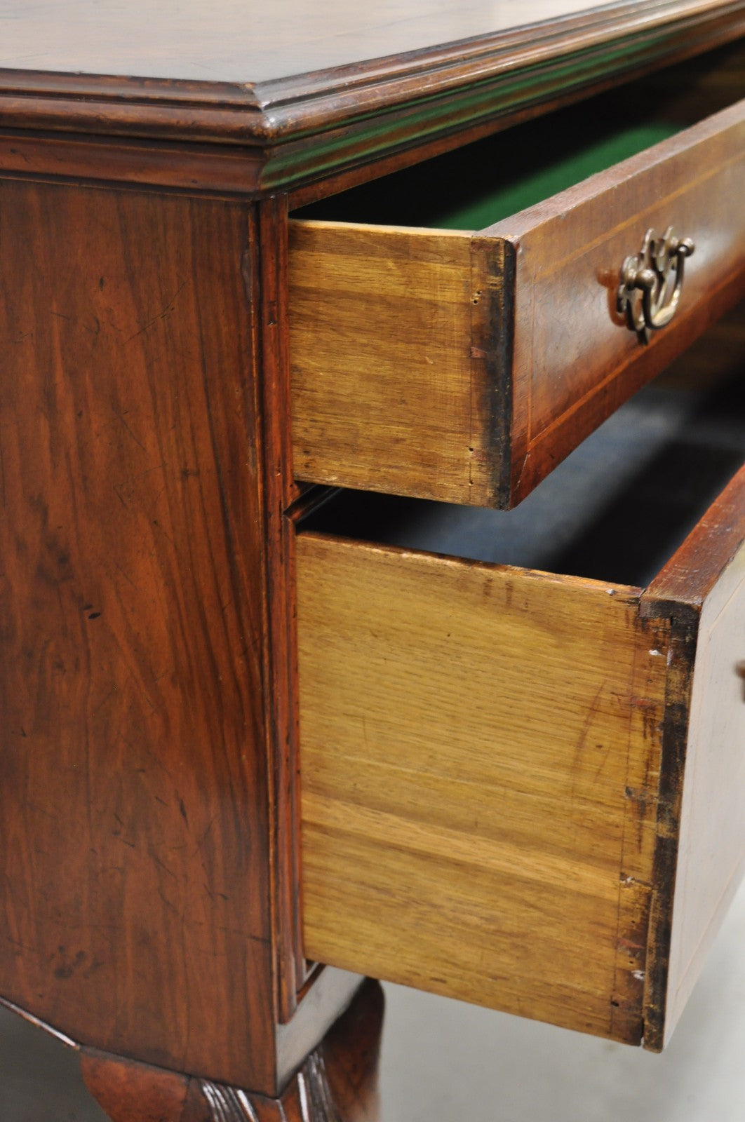 Antique English Georgian Burl Walnut Ball and Claw Inlaid Lowboy Bachelor Chest