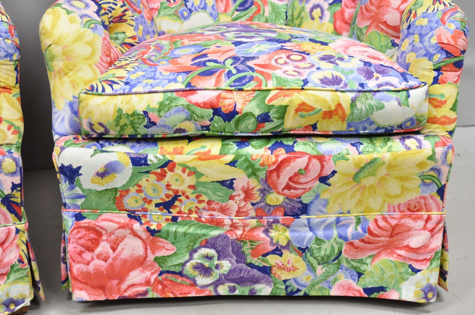 Vintage English Regency Floral Chintz Tufted Rolled Arm Club Lounge Chair - Pair