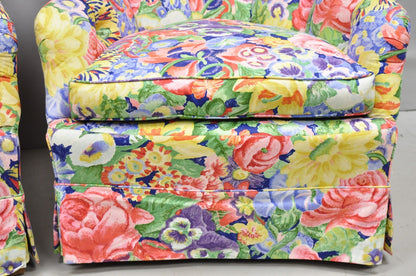 Vintage English Regency Floral Chintz Tufted Rolled Arm Club Lounge Chair - Pair