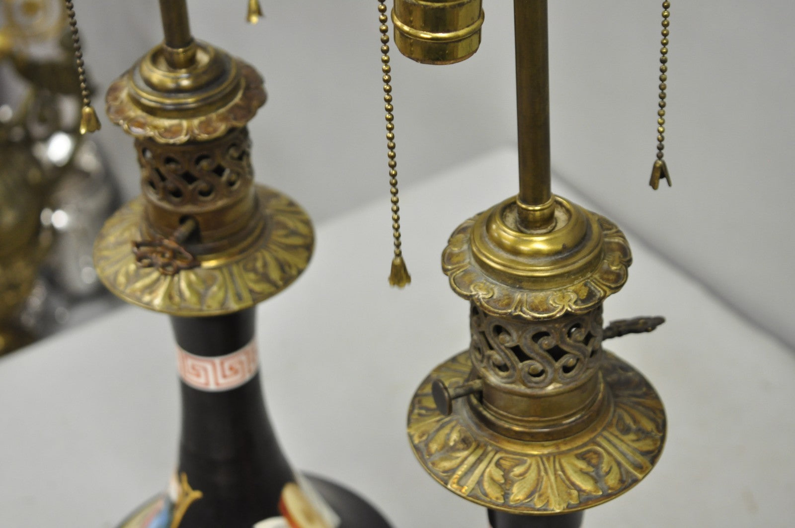Antique French Neoclassical Bronze & Black Porcelain Painted Table Lamps - Pair