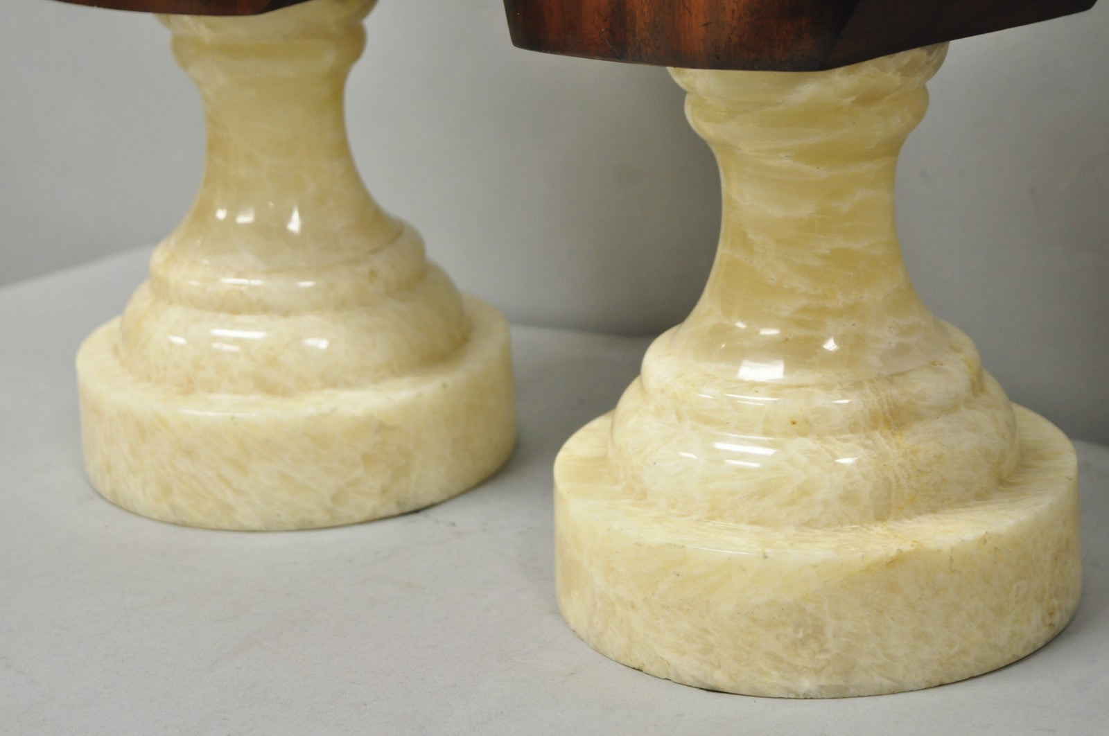 Classical Maitland Smith Style Carved Mahogany Wood Bust on Alabaster - a Pair