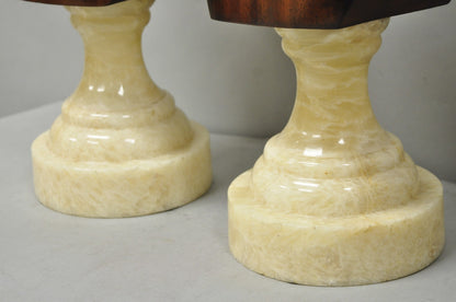Classical Maitland Smith Style Carved Mahogany Wood Bust on Alabaster - a Pair