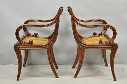 Vintage English Regency Style Cane Seat Mahogany Saber Leg Arm Chairs - a Pair