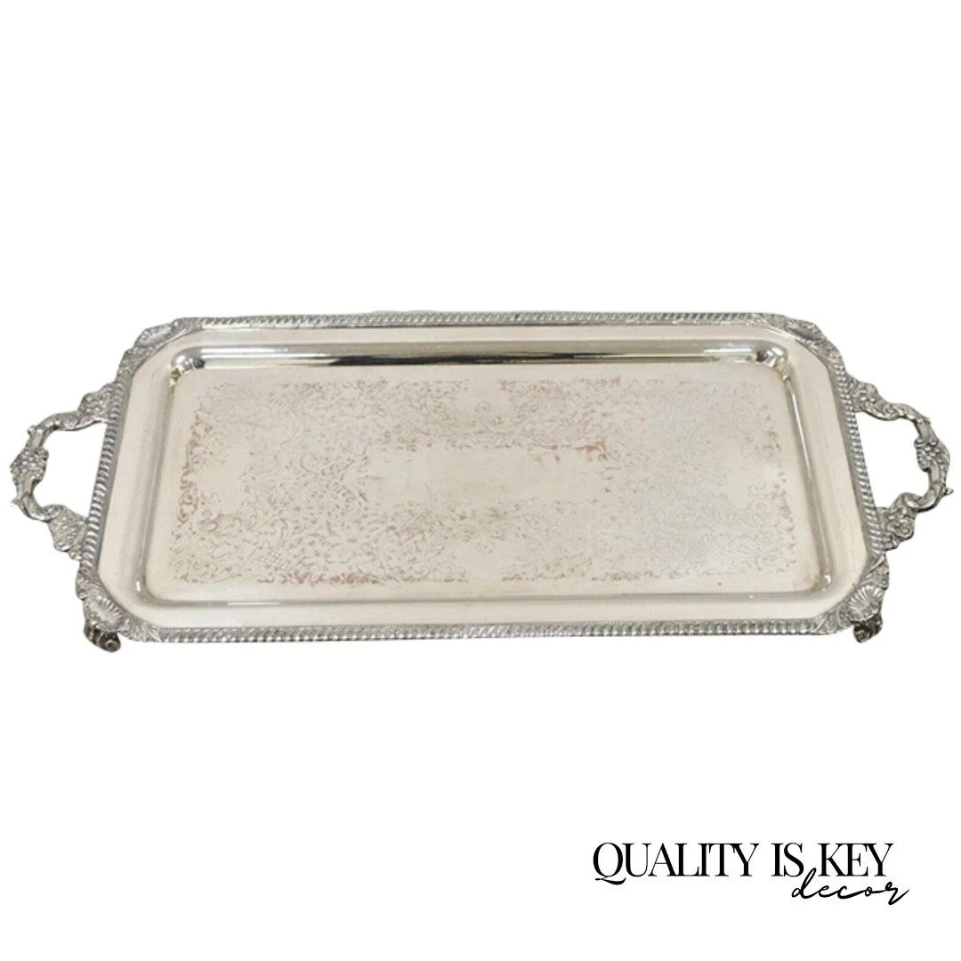 Vintage English Victorian Silver Plated Twin Handle Serving Platter Bar Tray
