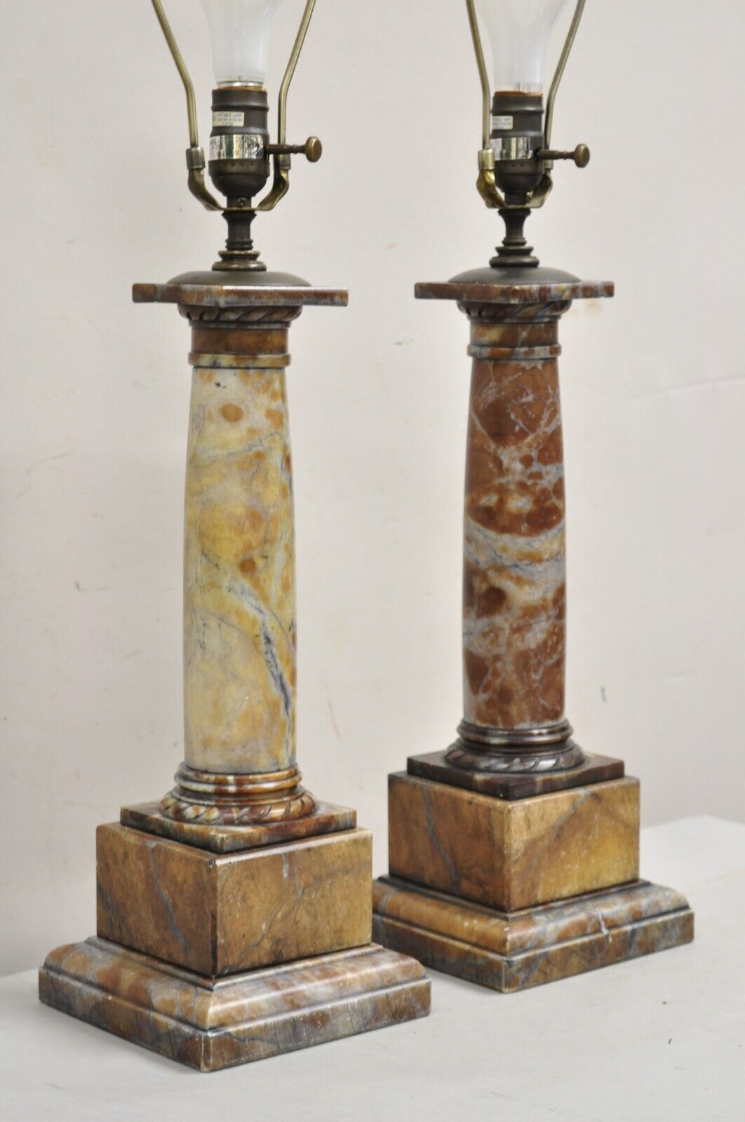 Contemporary Italian Neoclassical Rouge Marble Column Empire Table Lamps - Pair