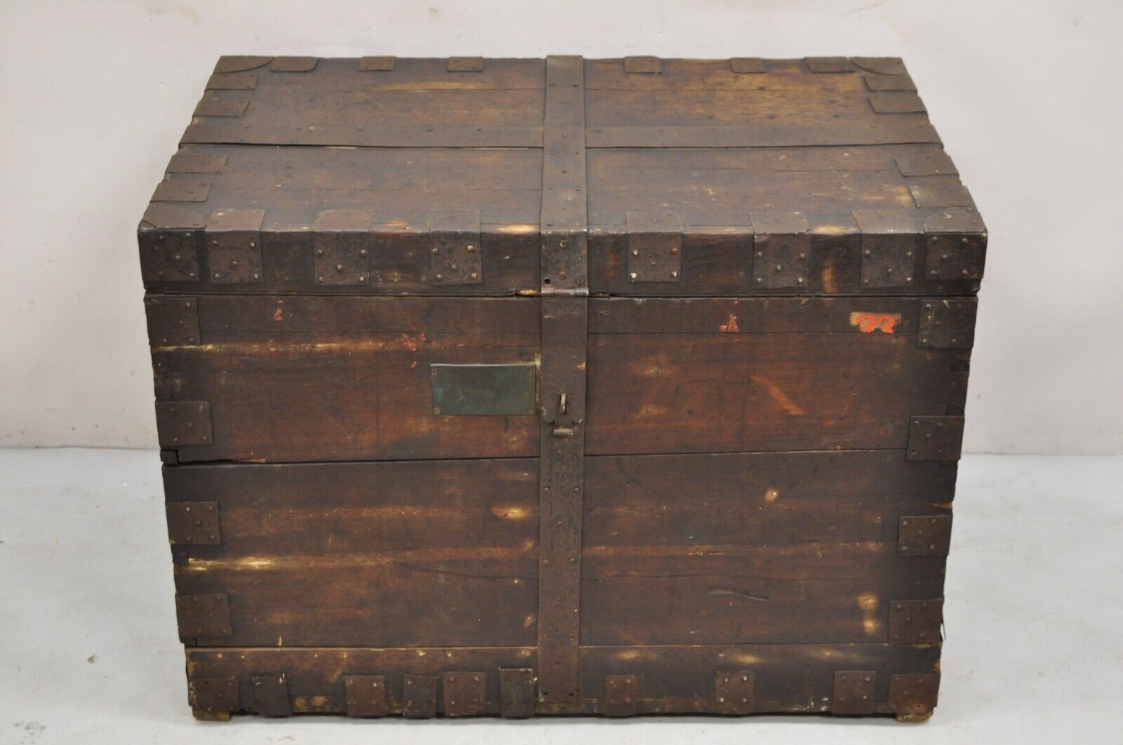 19th C. English Oak Wood and Steel Banded Safe Storage Cabinet Chest Trunk