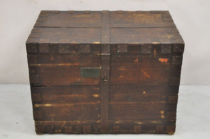 19th C. English Oak Wood and Steel Banded Safe Storage Cabinet Chest Trunk