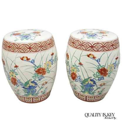 Vintage Chinoiserie Porcelain Ceramic Chinese Red Blue Garden Stool Seat, a Pair