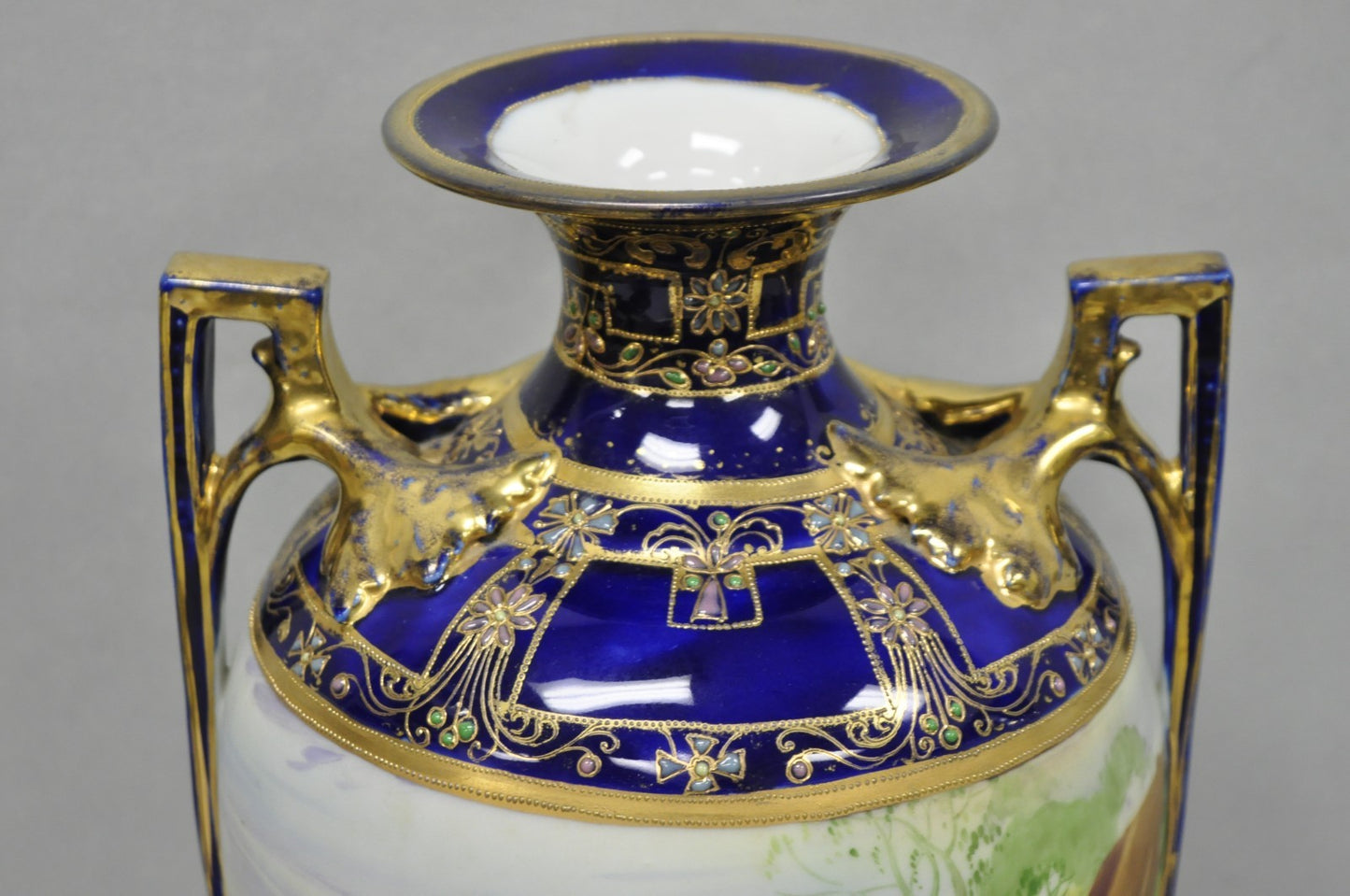 Antique Nippon Hand Painted Cobalt Blue Porcelain Twin Handle Bolted Urn Vase