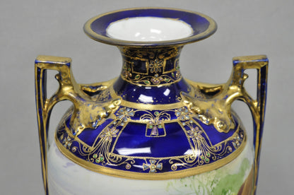 Antique Nippon Hand Painted Cobalt Blue Porcelain Twin Handle Bolted Urn Vase