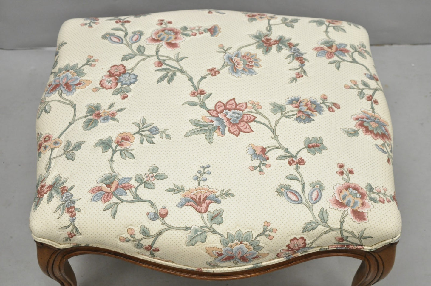 Vintage French Country Louis XV Carved Walnut Pink Floral Footstool Ottoman