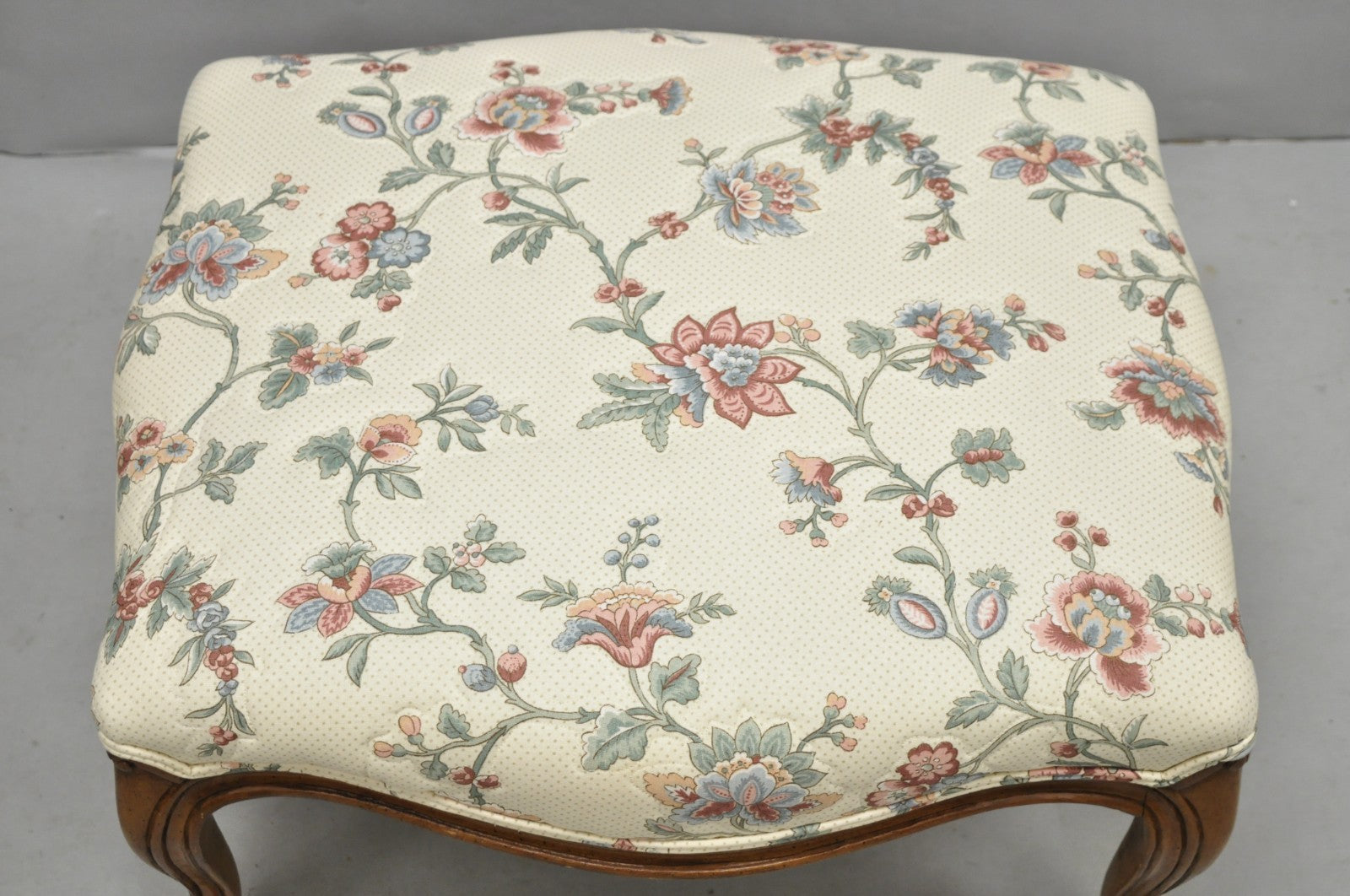 Vintage French Country Louis XV Carved Walnut Pink Floral Footstool Ottoman