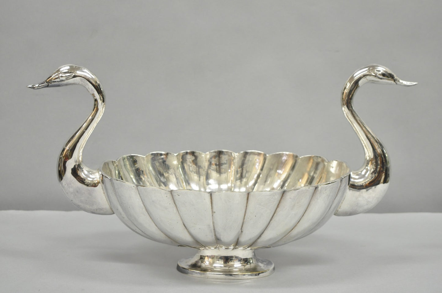 Vintage Italian Regency Silver Plated Figural Double Swan Bird Oval Fruit Bowl