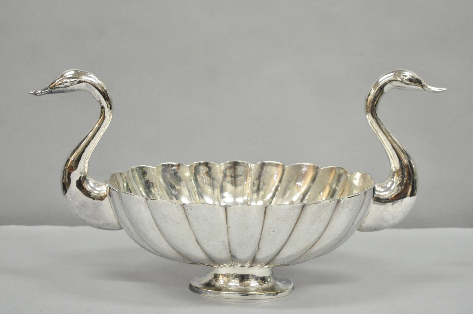 Vintage Italian Regency Silver Plated Figural Double Swan Bird Oval Fruit Bowl