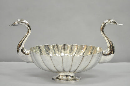 Vintage Italian Regency Silver Plated Figural Double Swan Bird Oval Fruit Bowl