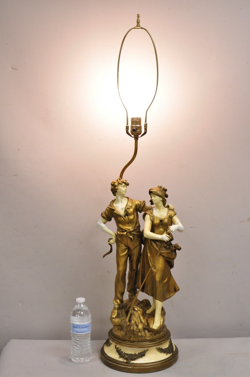 Antique French Renaissance Moreau Figural Metal Table Lamp, Wife & Farmer