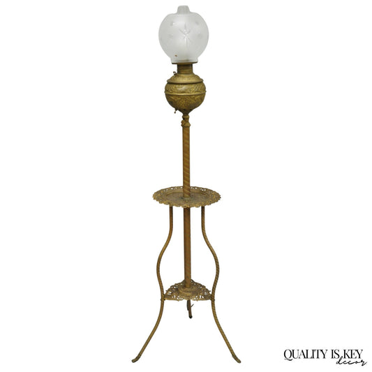 Antique Victorian Ornate Brass Converted Oil Lamp Piano Parlor Table Floor Lamp