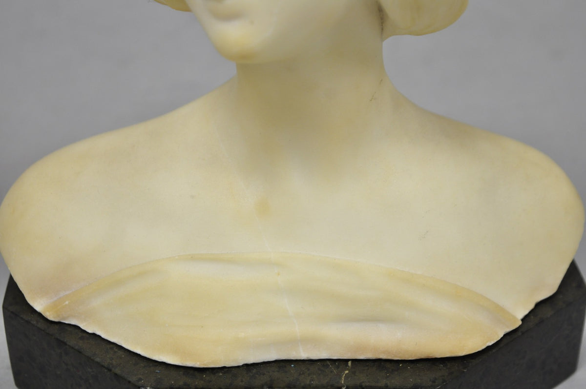 Antique Neoclassical Carved White Marble 9" Bust of Woman's Head on Marble Base