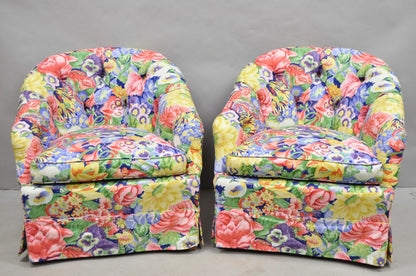 Vintage English Regency Floral Chintz Tufted Rolled Arm Club Lounge Chair - Pair