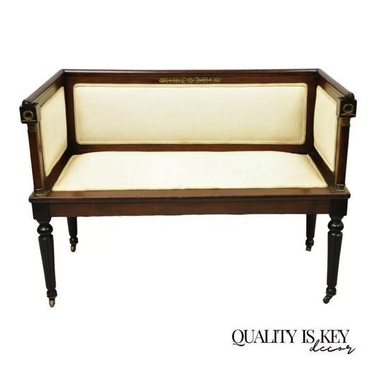 Antique French Empire Neoclassical Mahogany Bench Settee with Bronze Ormolu