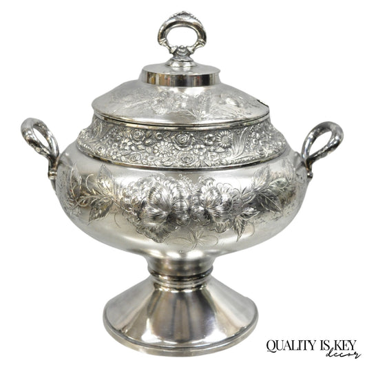 Antique Mead & Robbins Victorian Silver Plated Floral Repousse Fancy Soup Tureen