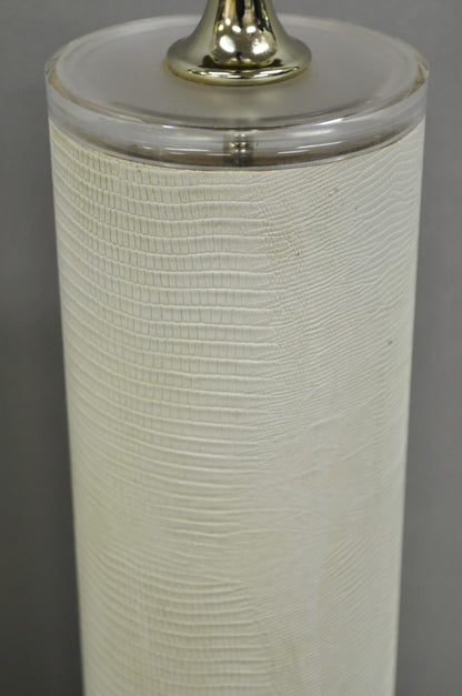Vintage Hollywood Regency White Faux Alligator Embossed Cylinder Table Lamp Pair