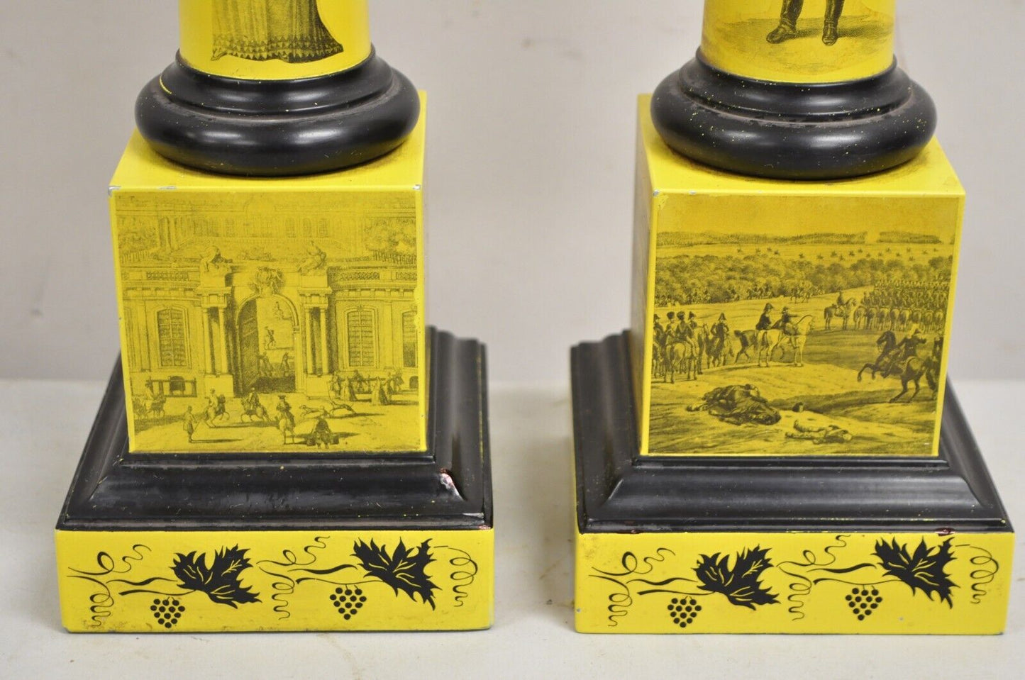 Antique Italian Regency Yellow Painted French Tole Metal Column Table Lamp Pair