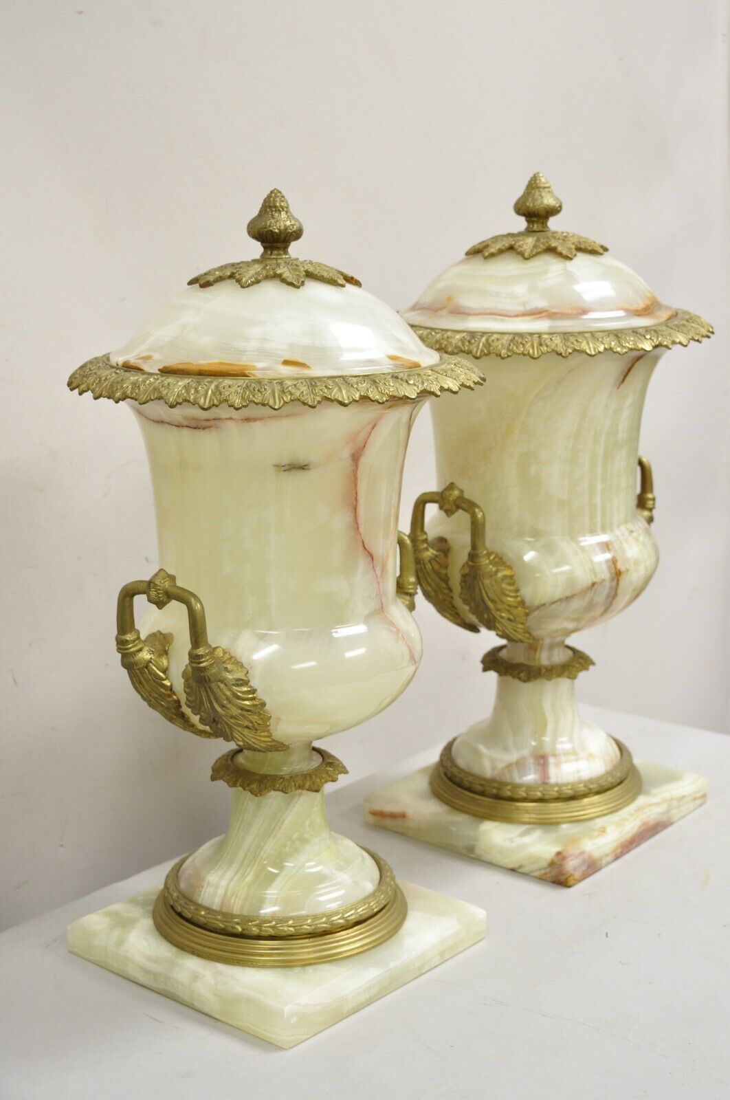 French Louis XVI Empire Style Onyx and Bronze Ormolu Large Lidded Urn - a Pair