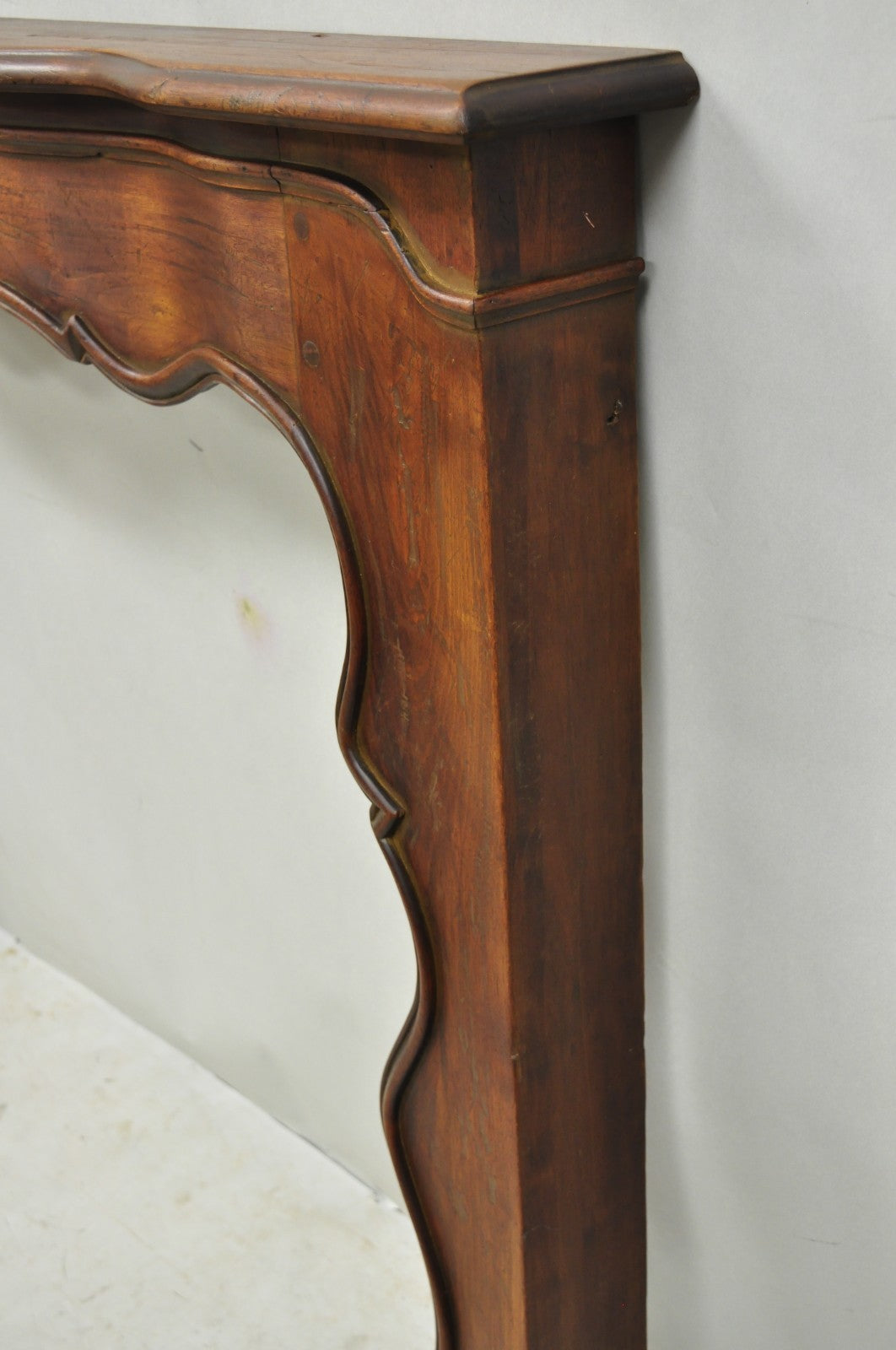 Antique Italian Provincial Carved Serpentine Scalloped Walnut Fireplace Mantel