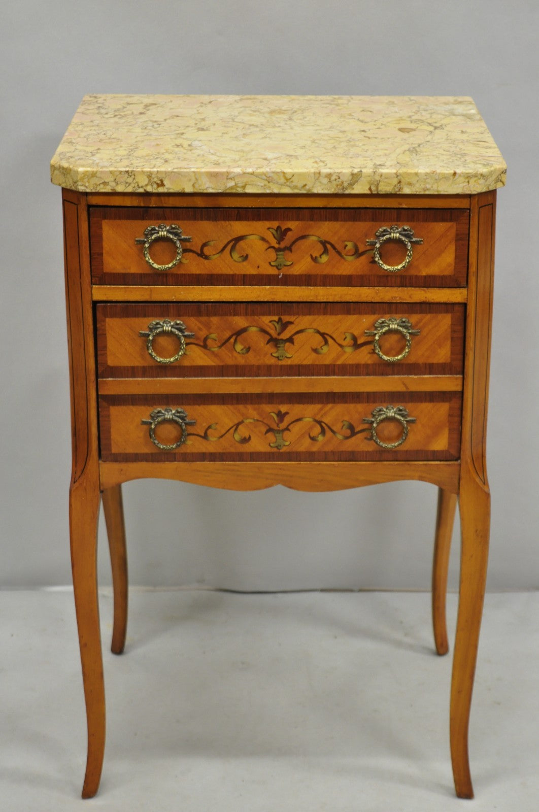 Antique French Louis XV Satinwood Marble Top Painted Nightstand Bedside Table