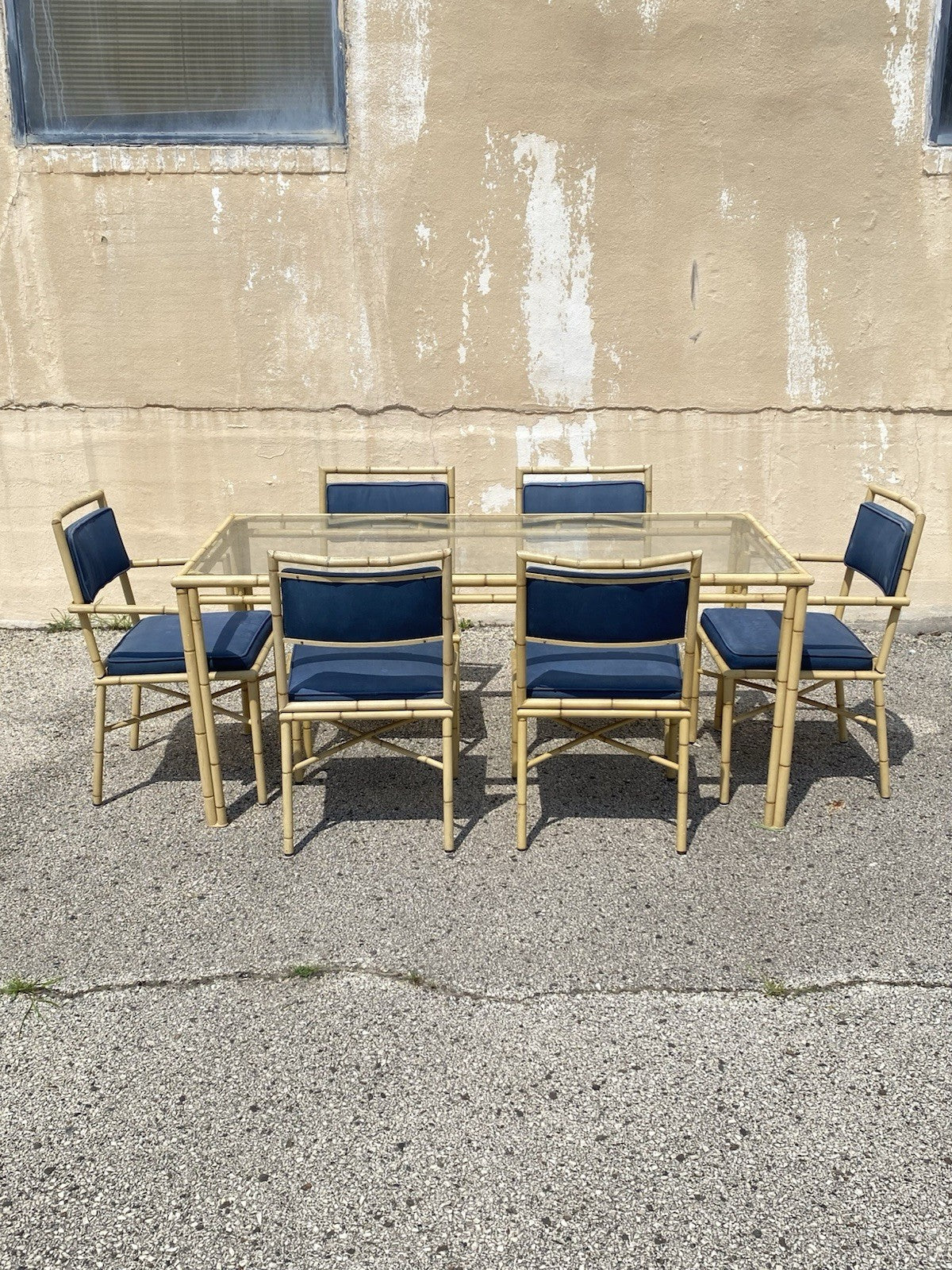 Vintage Chinese Chippendale Metal Cast Aluminum Faux Bamboo Dining Set 7 Pc Set