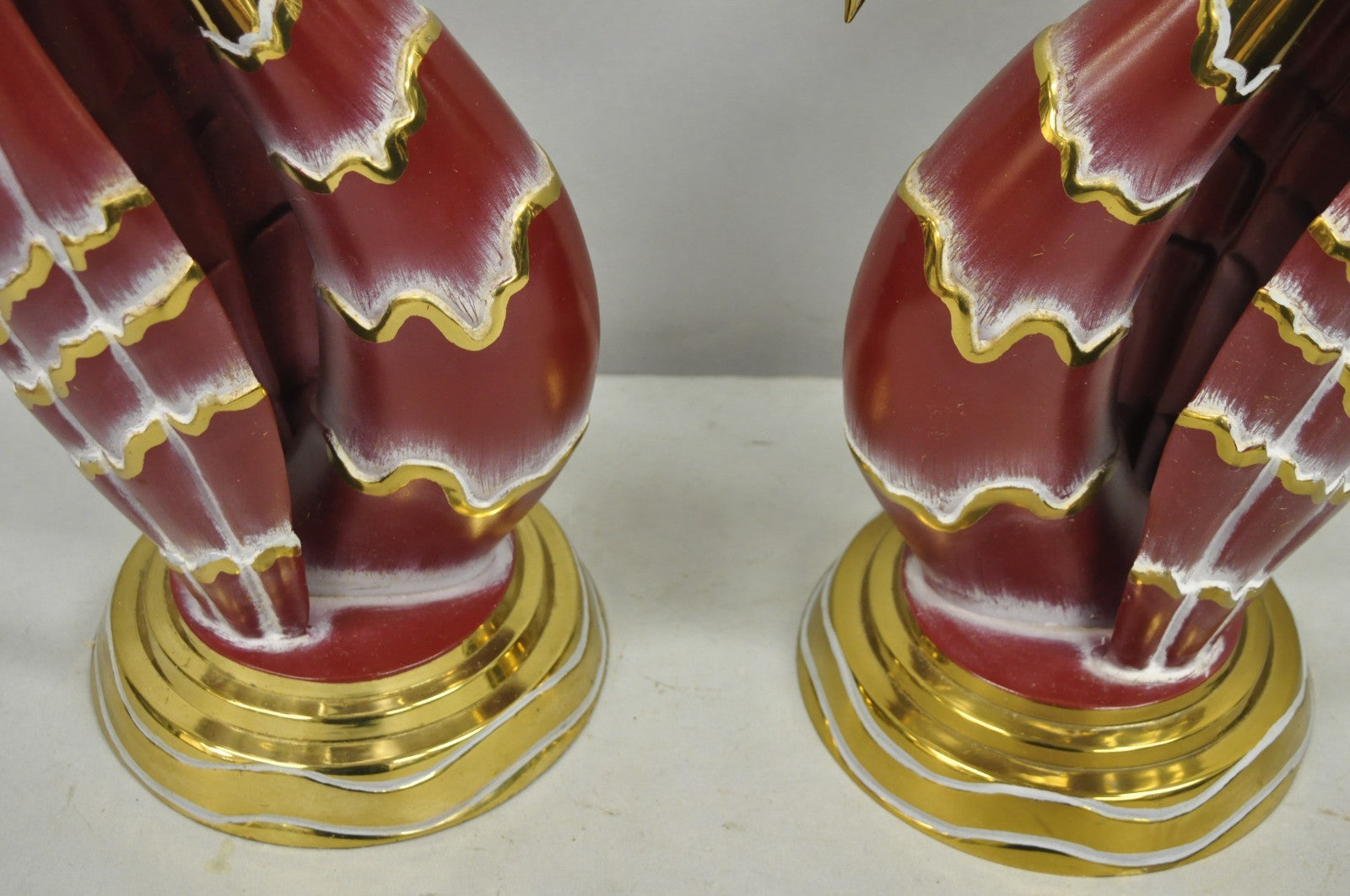 Vintage Art Nouveau Modern Brass Figural Swan Gold Red Table Lamps w Shades Pair