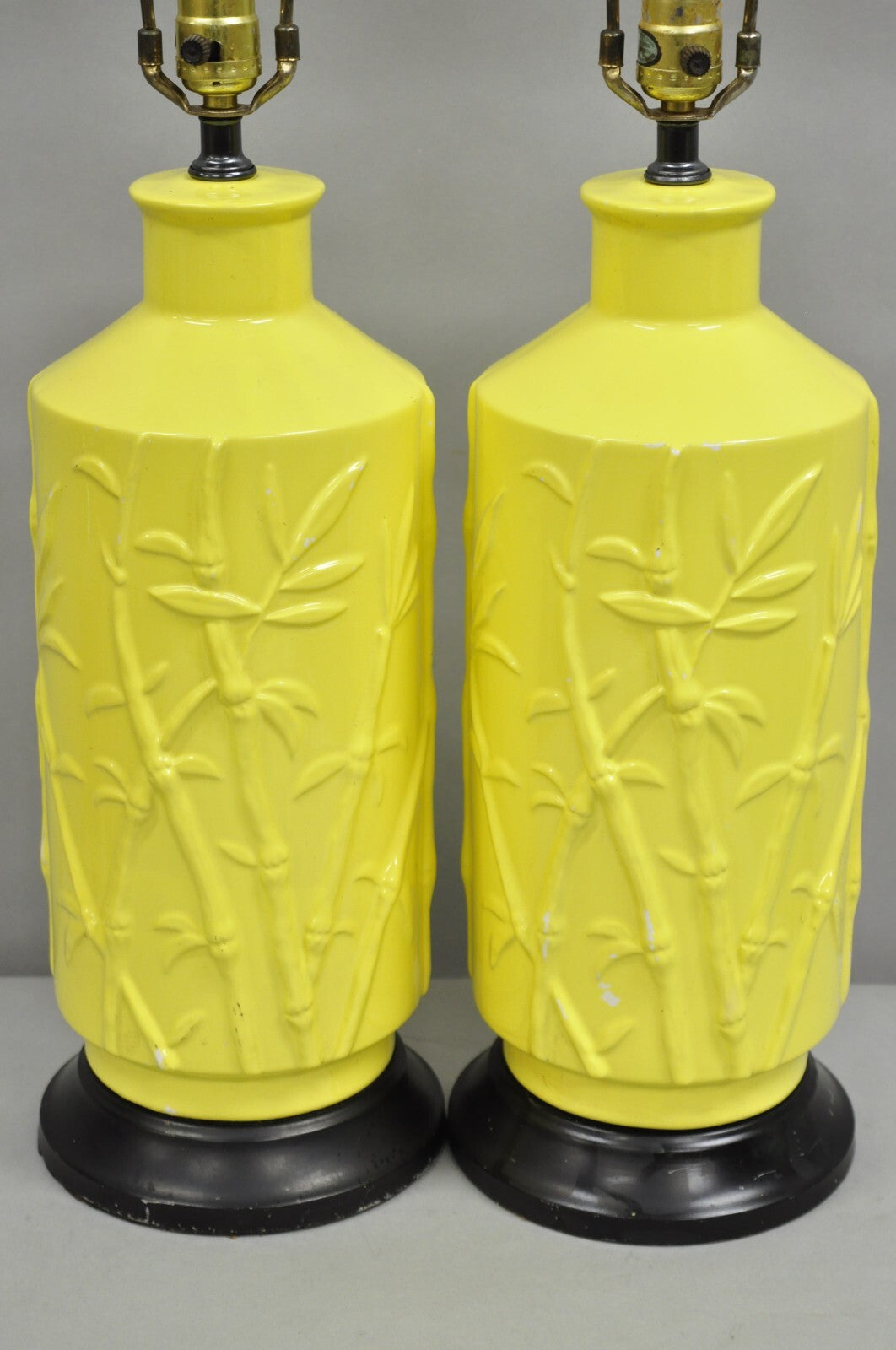 Vintage Hollywood Regency Yellow Ceramic Faux Bamboo Table Lamps - a Pair