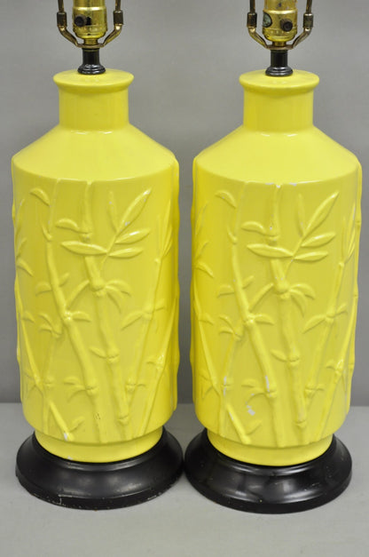 Vintage Hollywood Regency Yellow Ceramic Faux Bamboo Table Lamps - a Pair
