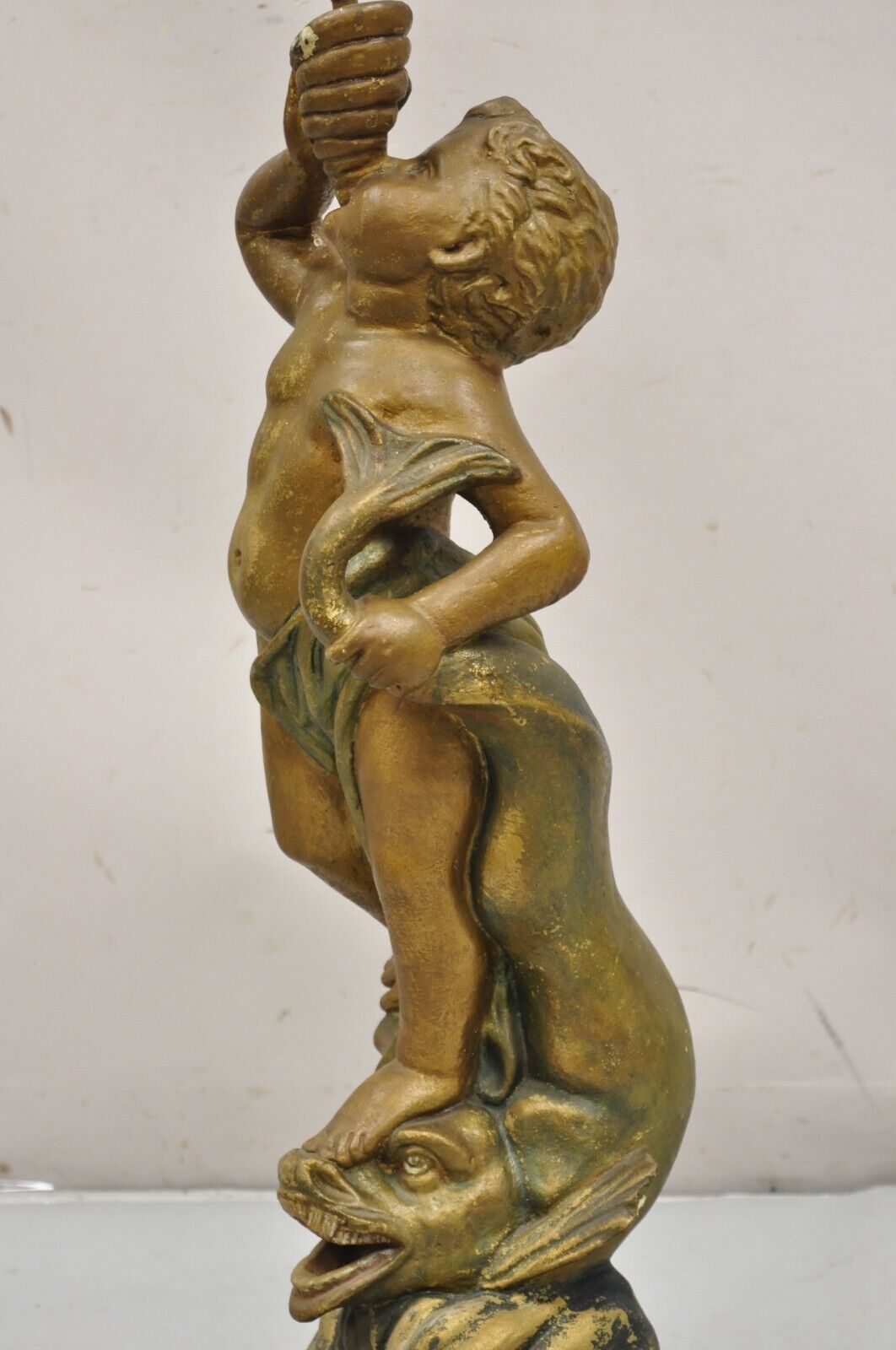 Antique Terracotta Italian Classical Boy Putti & Dolphin Statue Garden Fountain