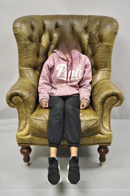 Lillian August Brown Green Leather Chesterfield Club Lounge Chair & Ottoman