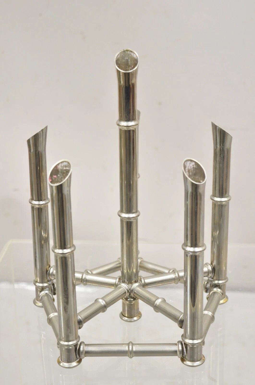 Vintage Hollywood Regency Silver Plated Chrome Faux Bamboo Candlesticks - a Pair