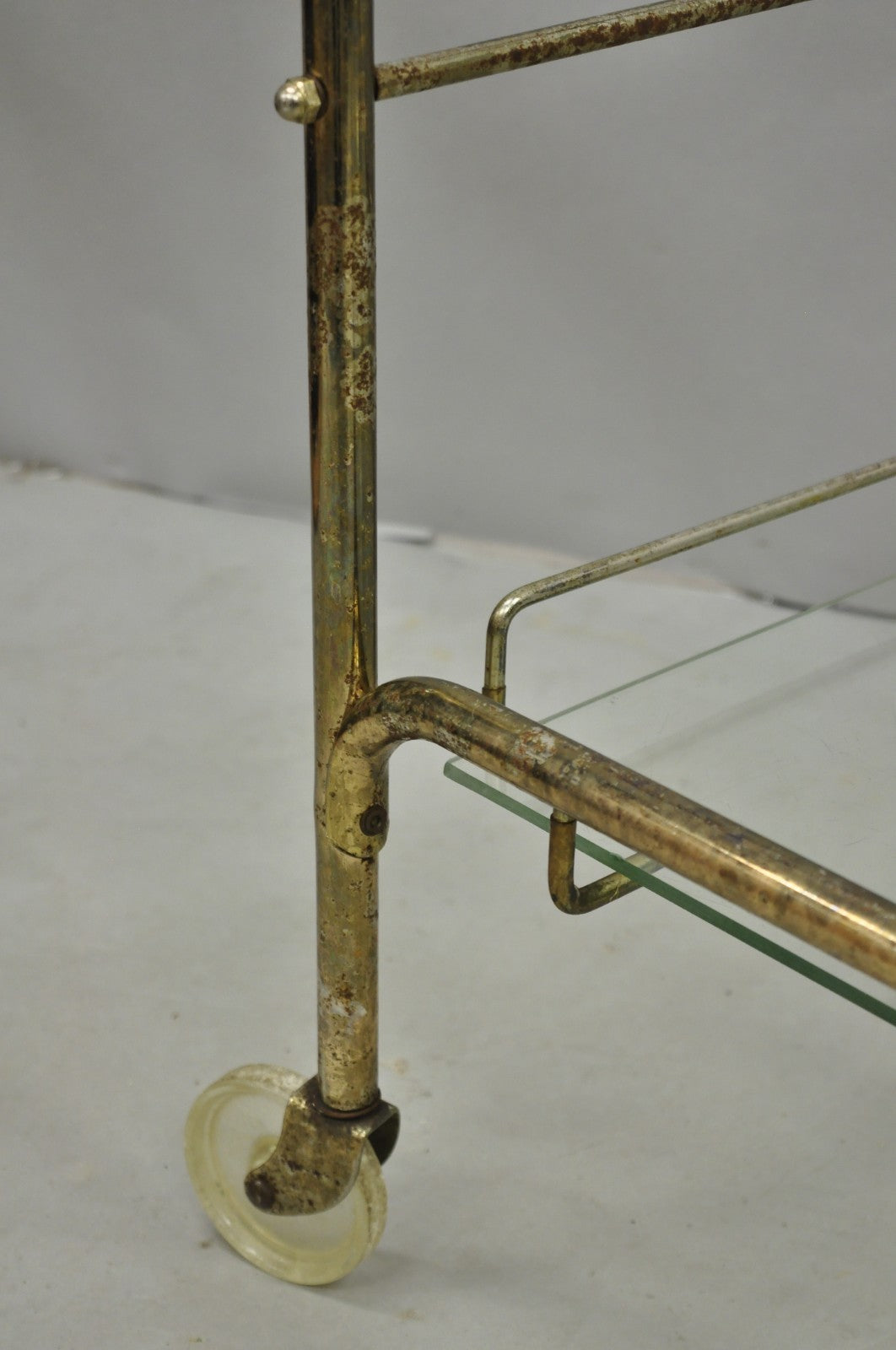 Vintage Mid Century Modern Metal 2 Tier Glass Shelf Rolling Liquor Bar Cart