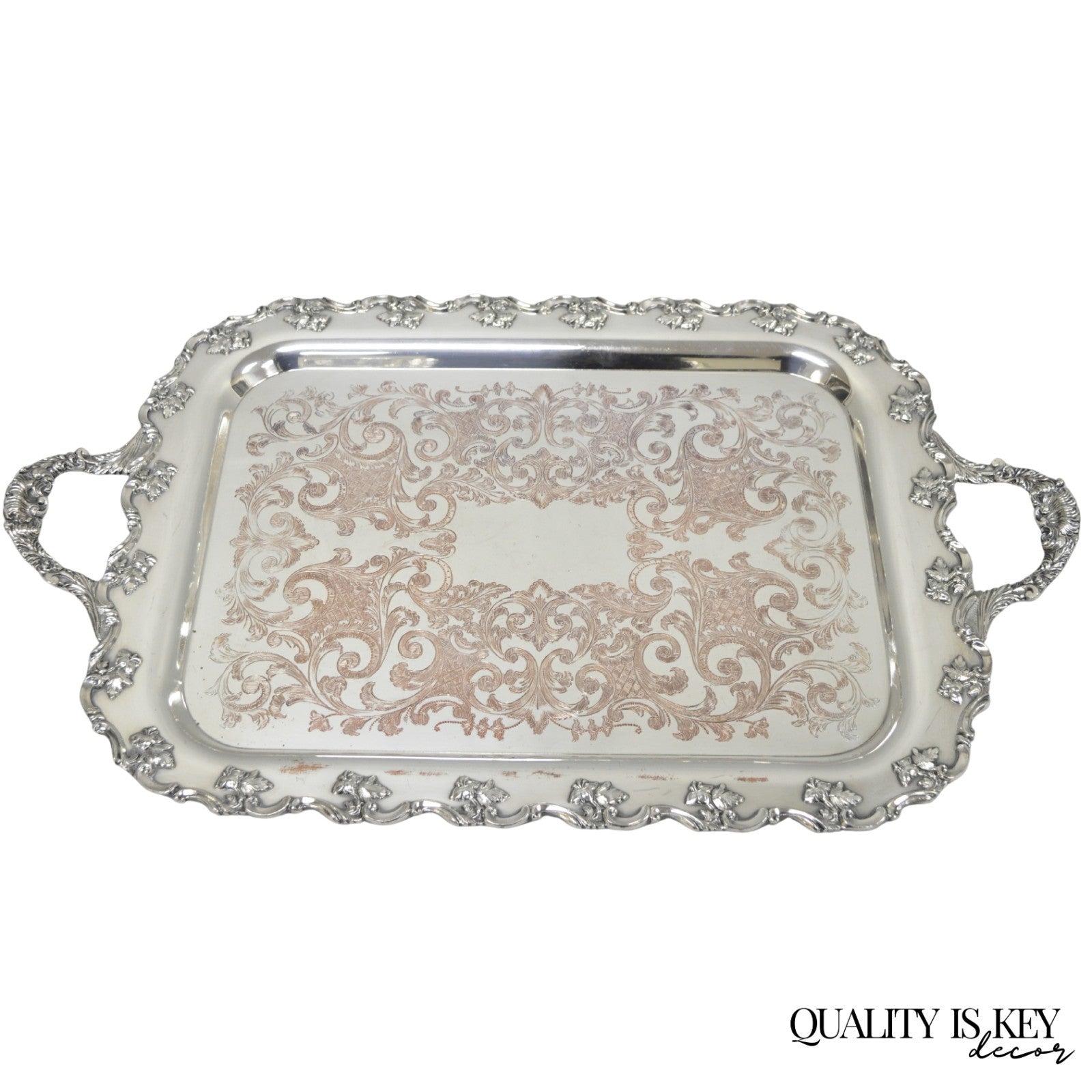 Vintage English Victorian Silver Plated Ornate Footed Serving Platter Bar Tray